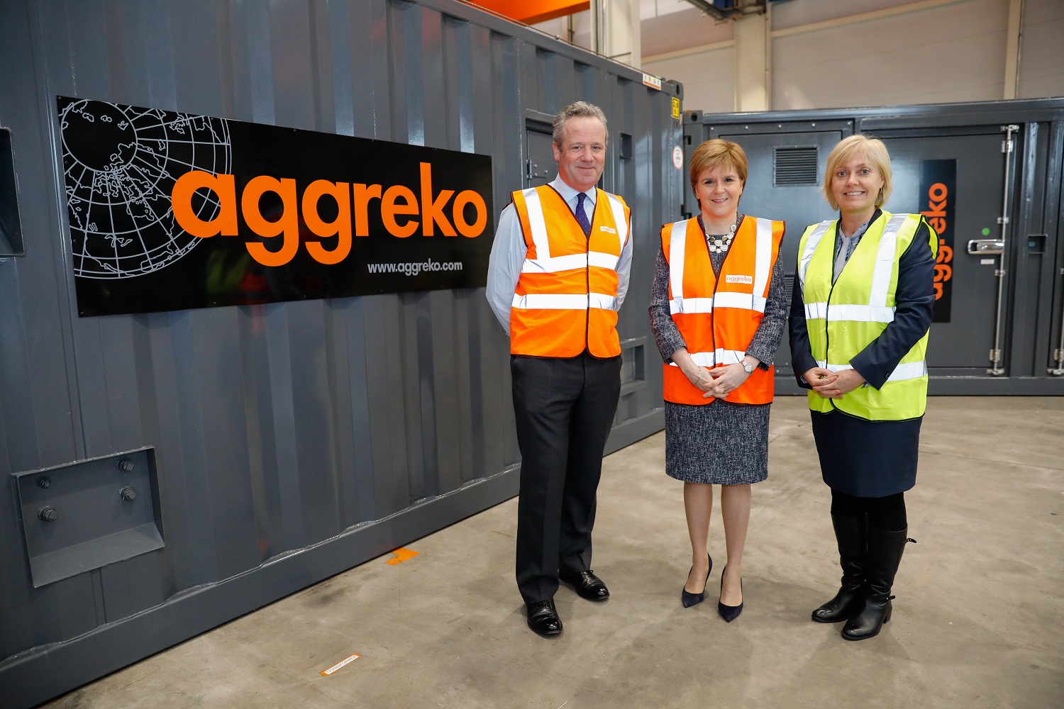 First Minister Nicola Sturgeon (centre) visiting Aggreko in Dumbarton, Scotland.